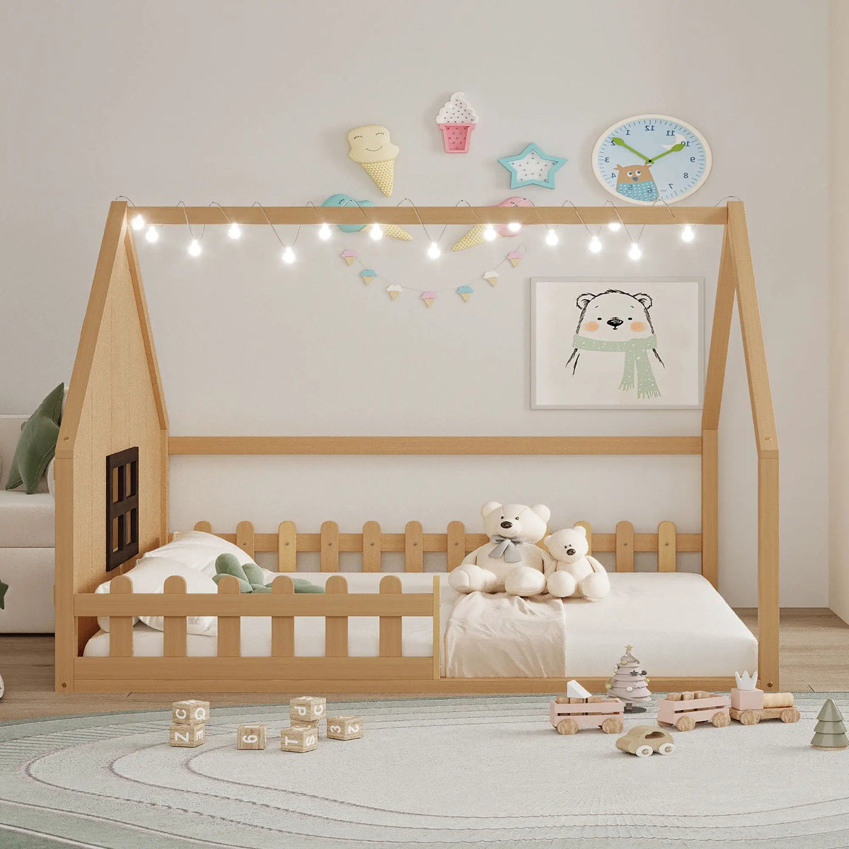 Platform House Bed | Window And Fence Design | Solid Pine Wood | Built-In LED Light