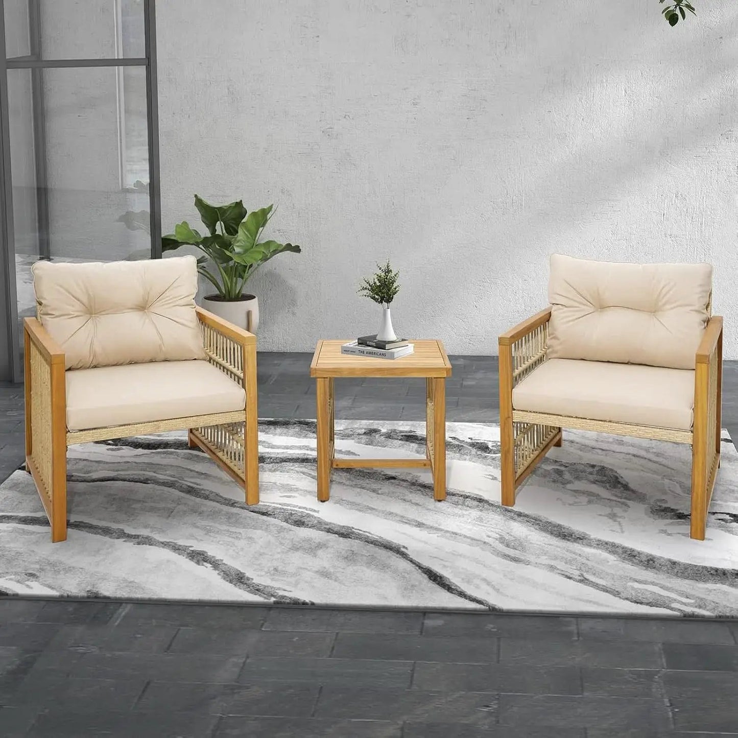 3 Piece Acacia Wood Patio Furniture Set With Beige PE Wicker Cushioned Chairs And Coffee Table from PriceLows™