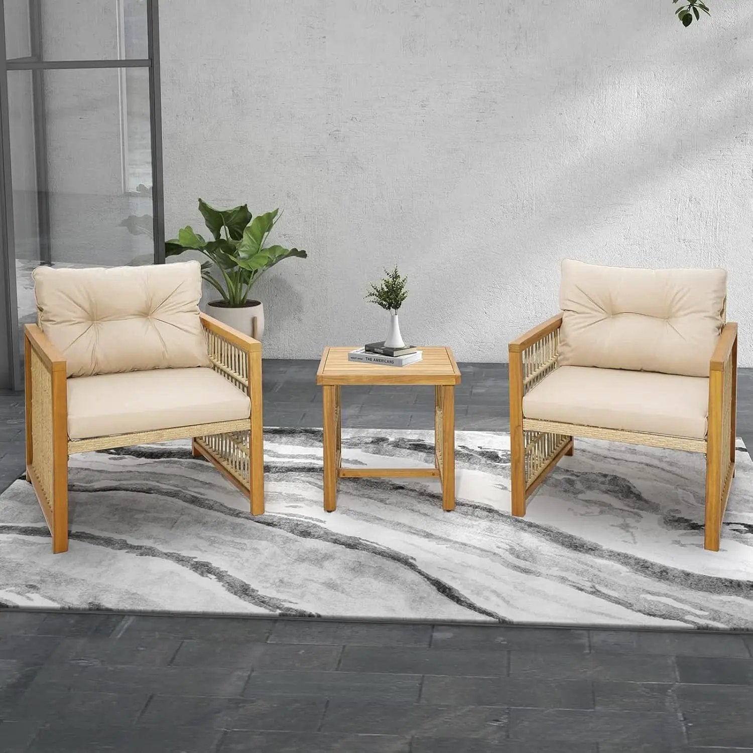 3 Piece Acacia Wood Patio Furniture Set With Beige PE Wicker Cushioned Chairs And Coffee Table from PriceLows™