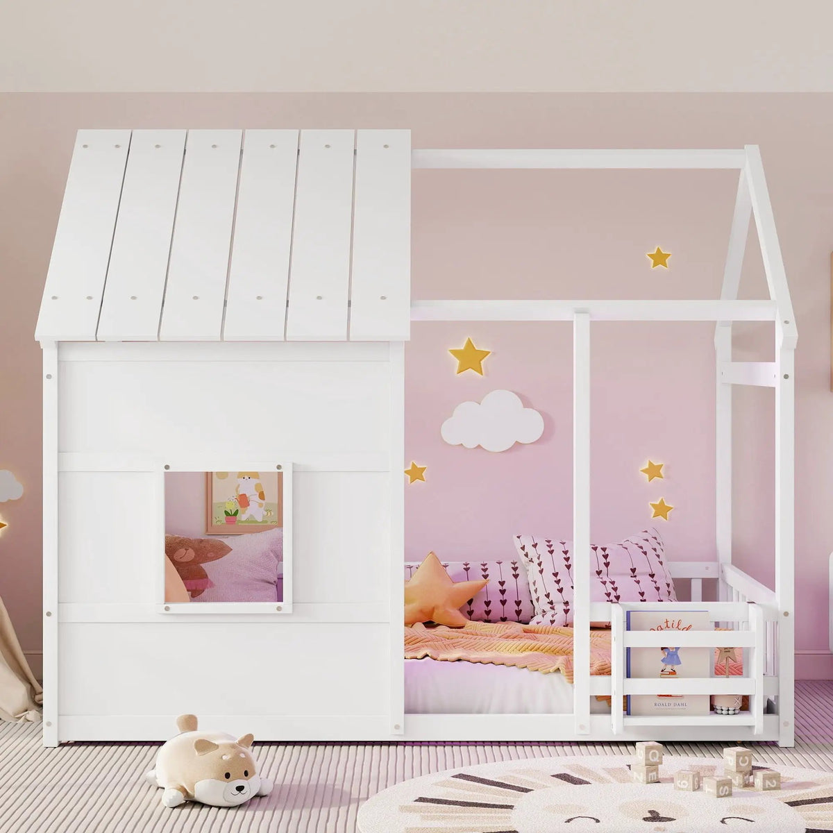 House Floor Bed | 7 Color LED Lights | Built In Bookshelf