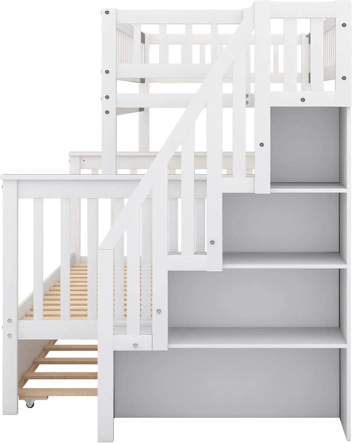 Twin Over Full Bunk Bed With Stairs And Trundle White Wood from PriceLows™