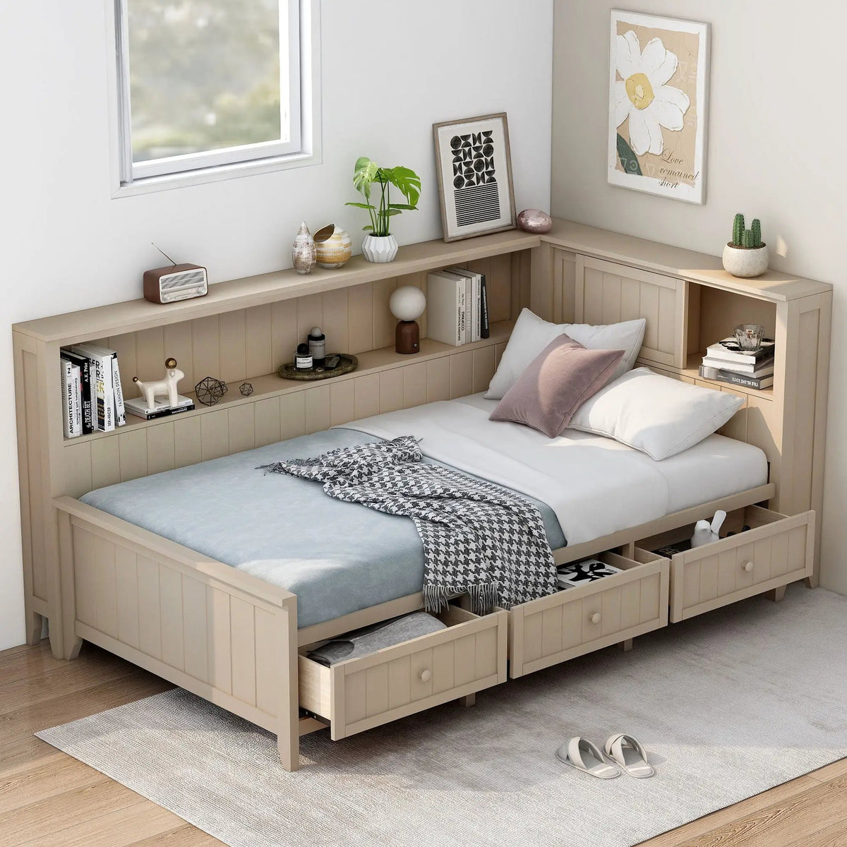 Daybed With Storage Shelves | Sliding Door Side Shelves | Farmhouse Style | 10 Wood Slats