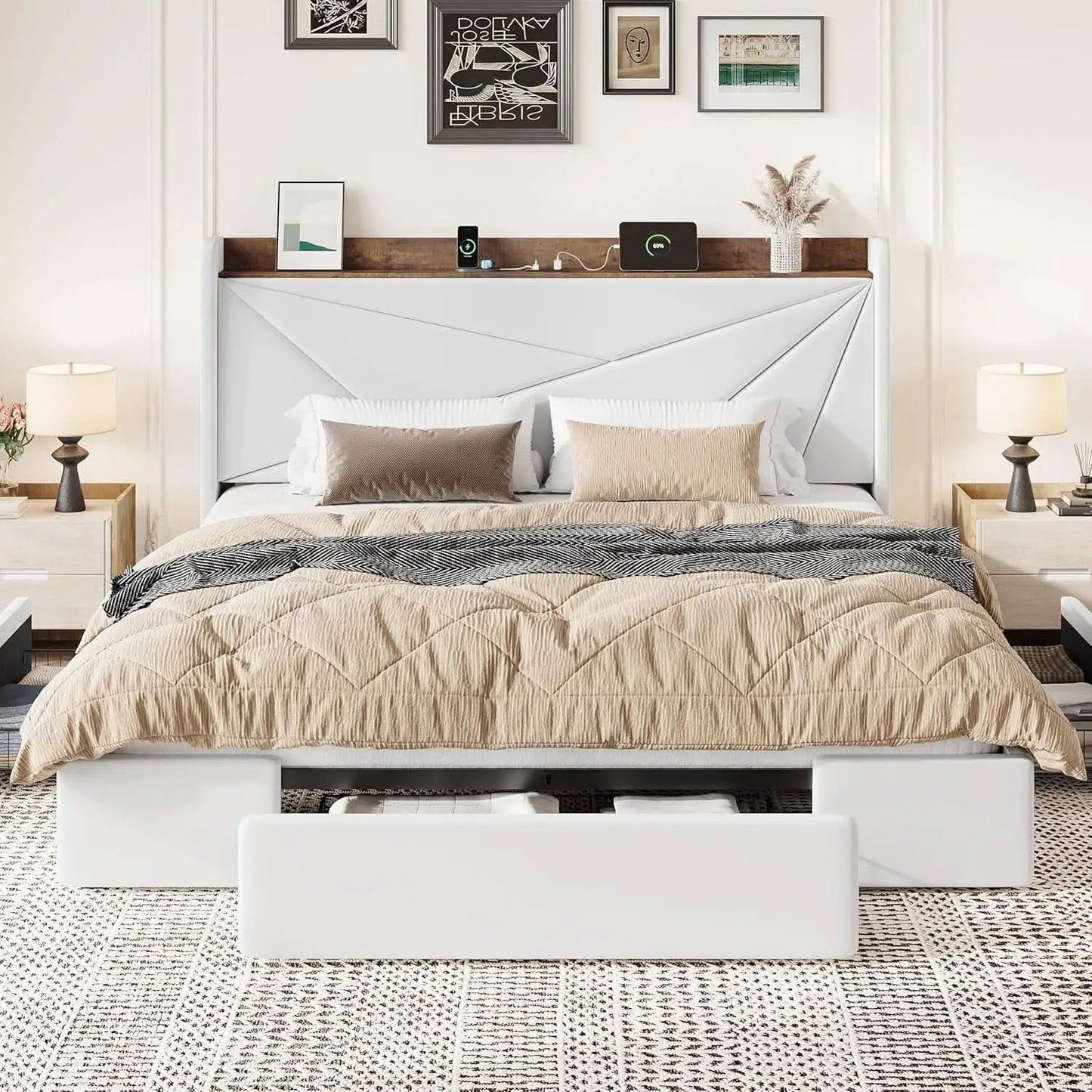 White Velvet Upholstered Bed Frame With USB Type C Ports from PriceLows™