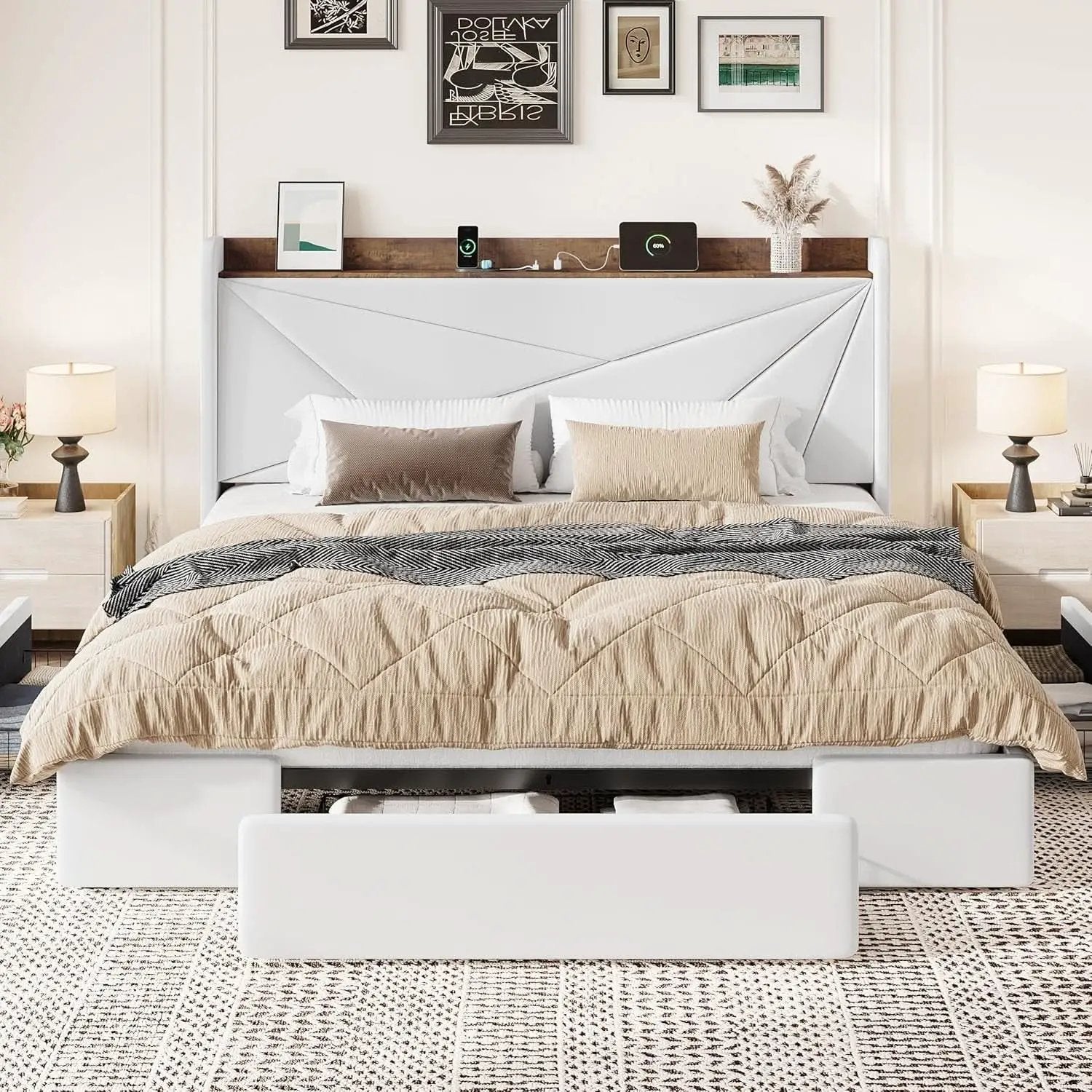 White Velvet Upholstered Bed Frame With USB Type C Ports from PriceLows™