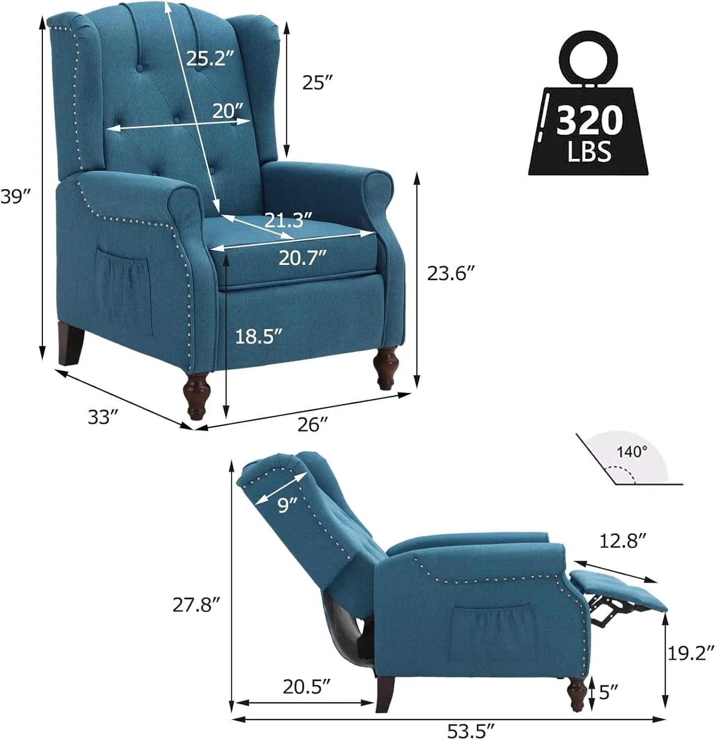 Wingback Recliner Chair With Massage And Heat Tufted Fabric from PriceLows™