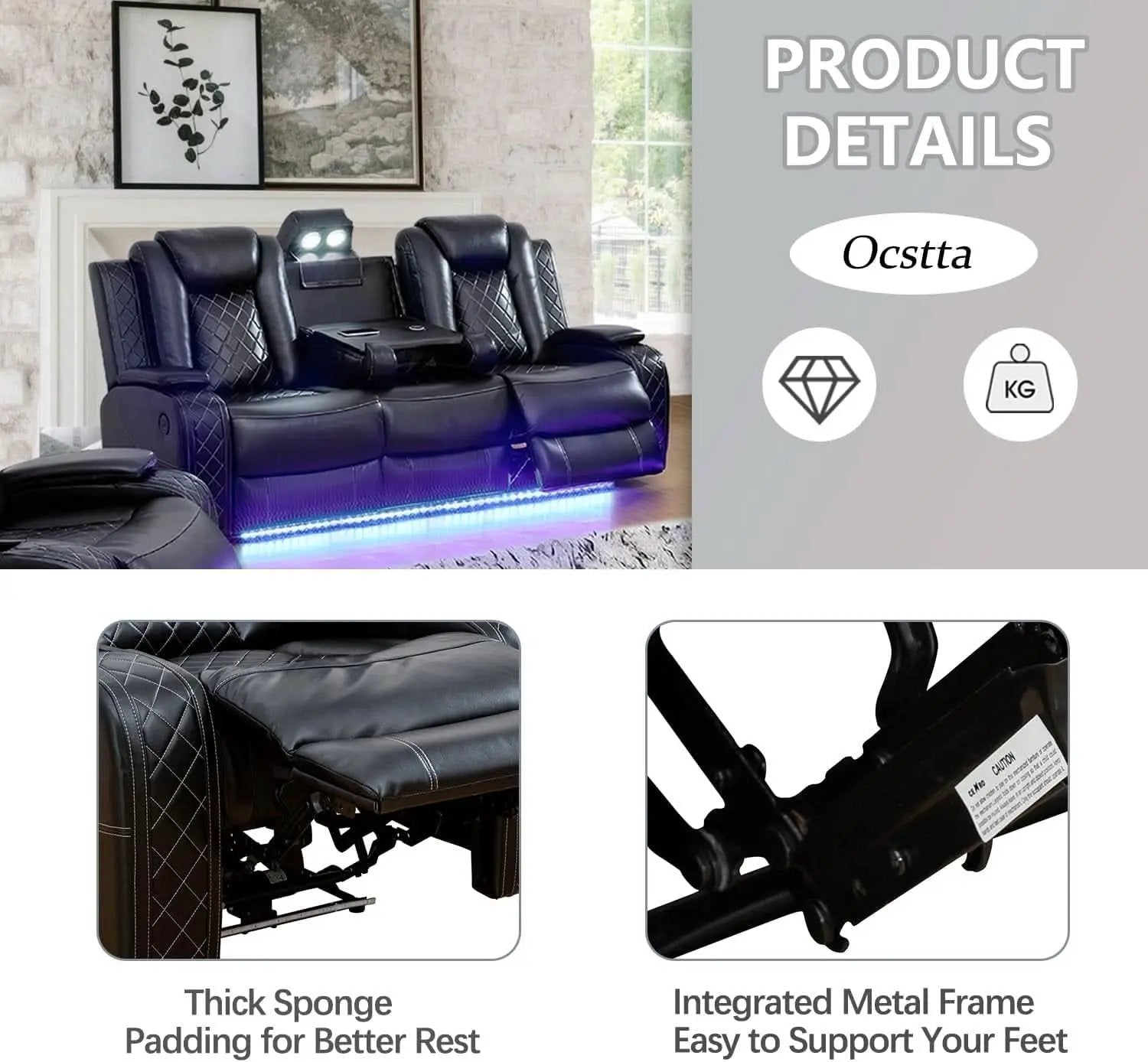 Power Leather Recliner Sofa Set LED Lights USB Ports Black from PriceLows™
