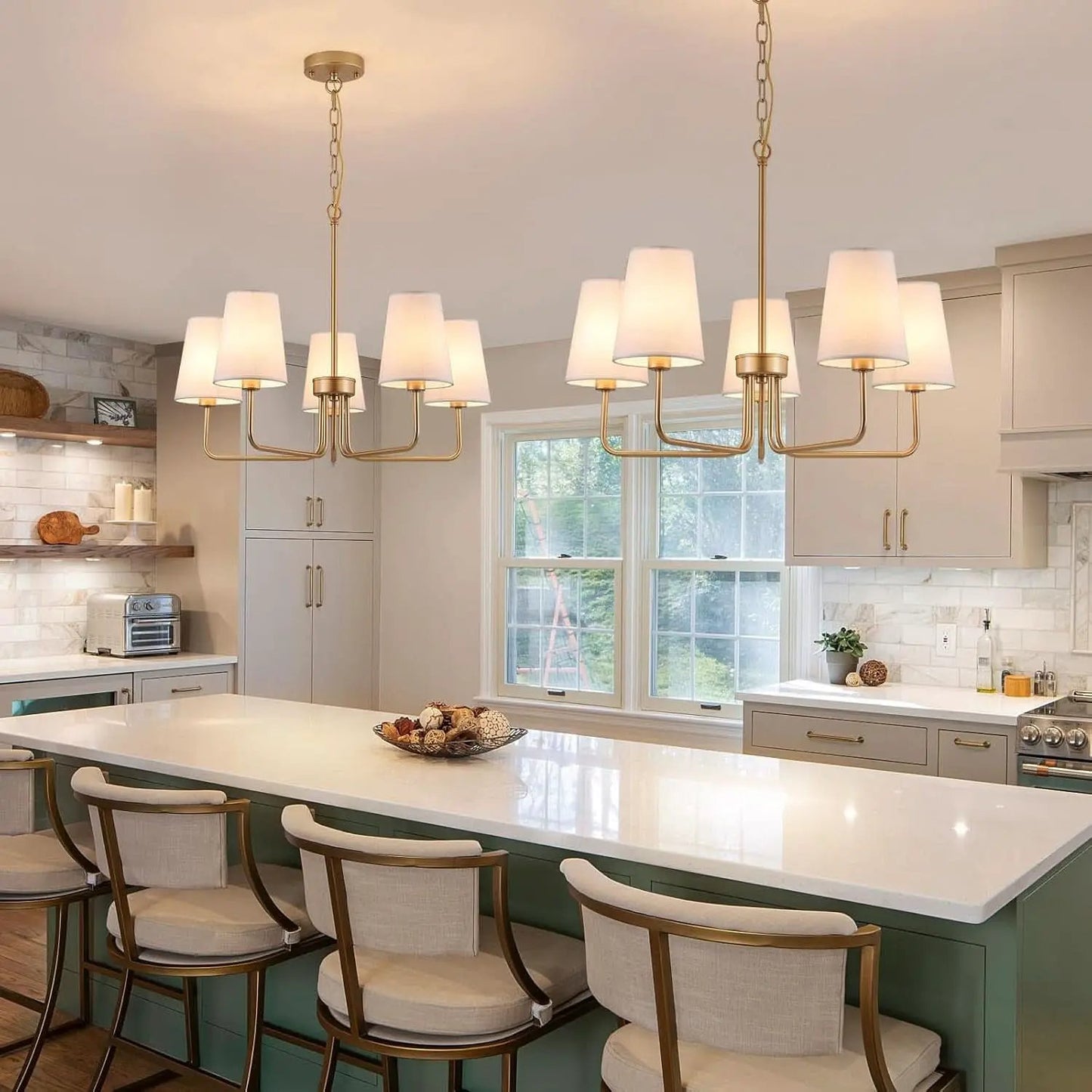 Five Light Gilded Farmhouse Chandelier With White Shades from PriceLows™