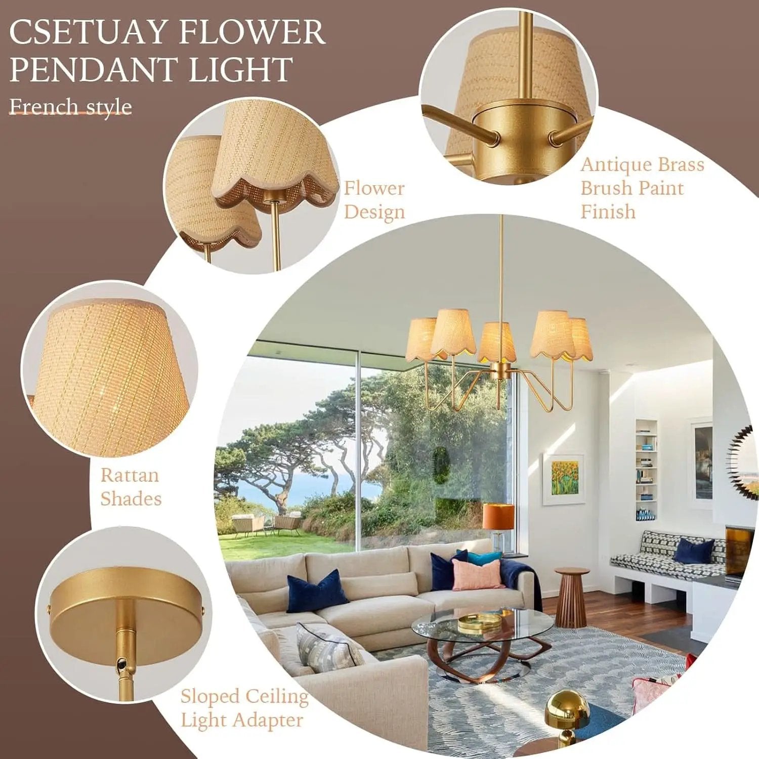 28 Inch Rattan Chandelier Antique Brass Five Light Pendant With Flower Shade Lamps from PriceLows™