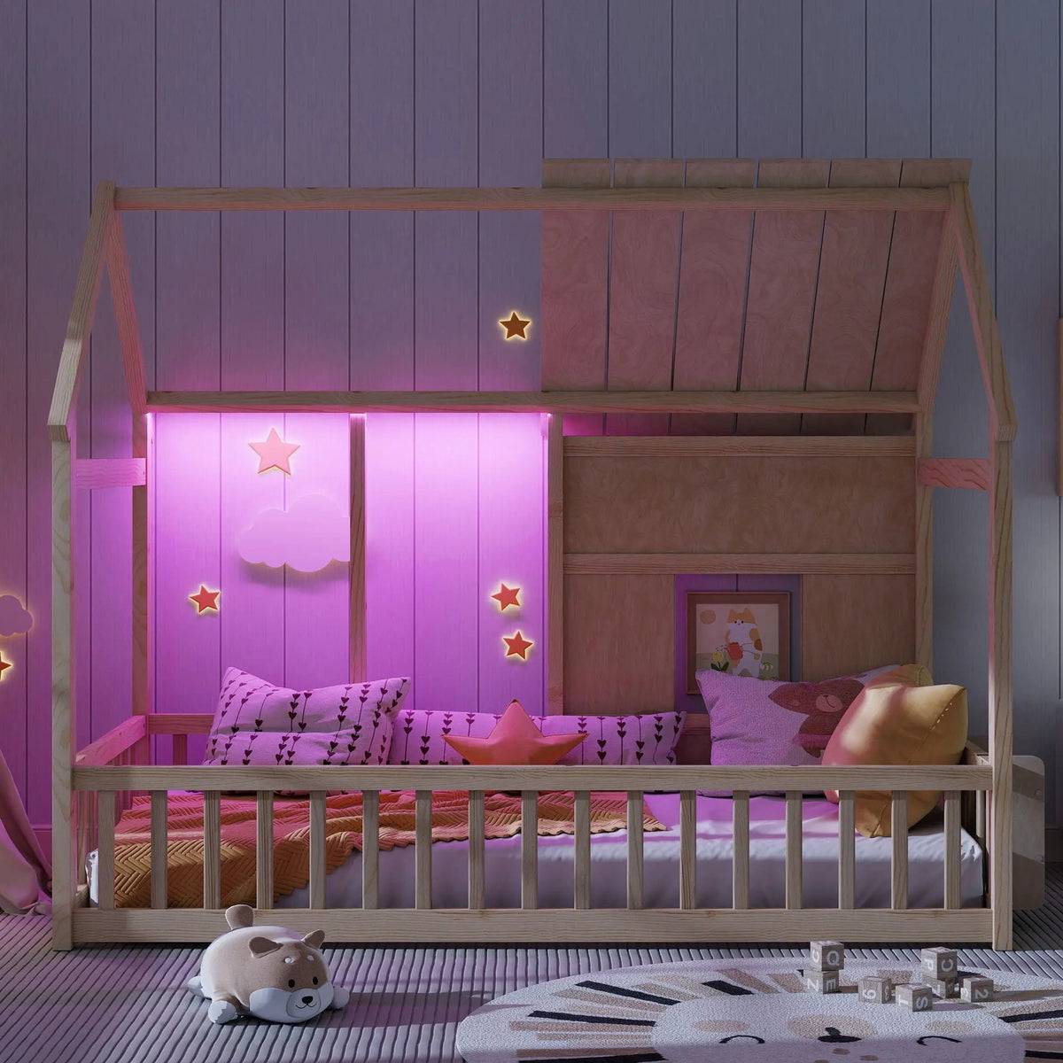 House Floor Bed | 7 Color LED Lights | Built In Bookshelf