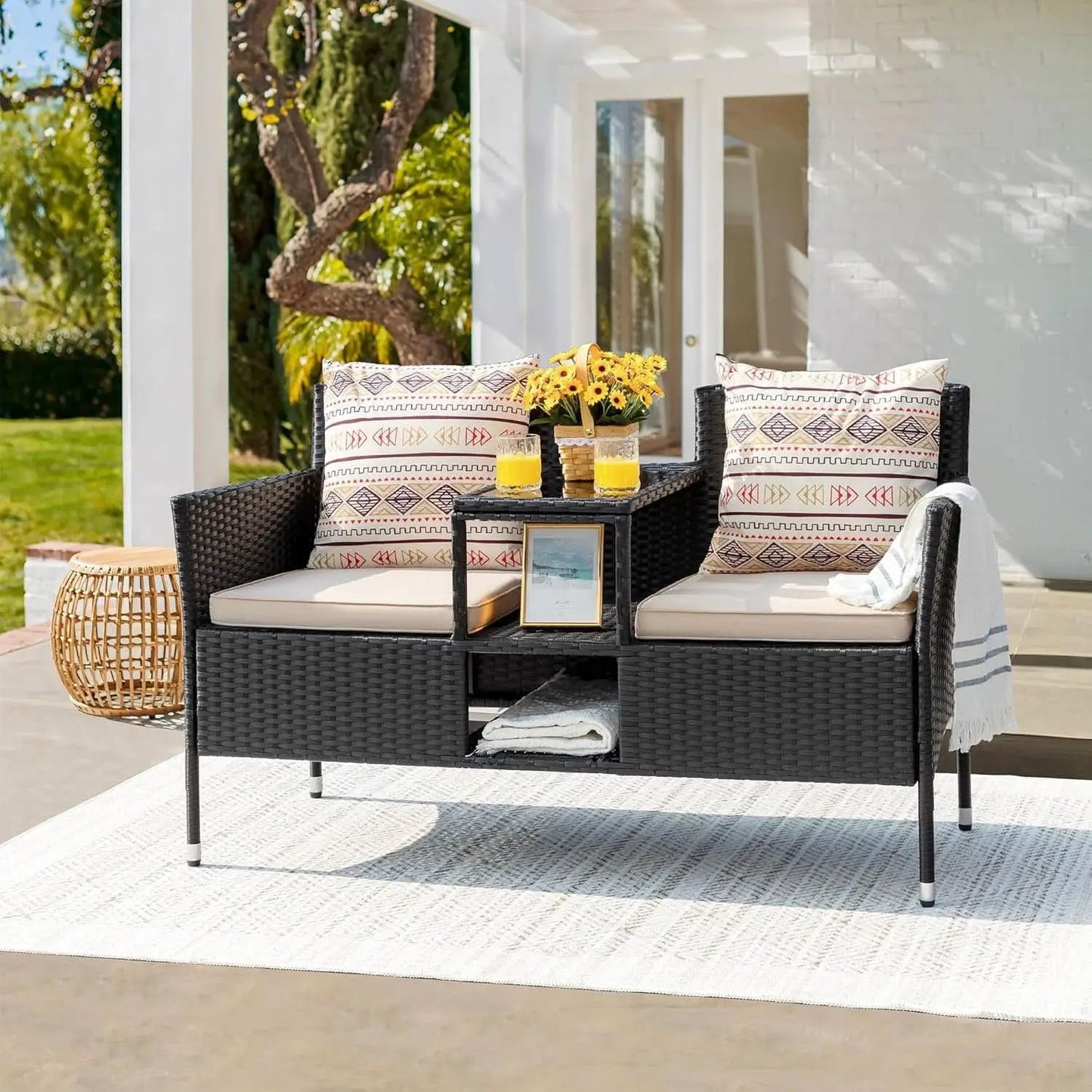 Outdoor Patio 2 Seat Loveseat Set With Built Table Beige from PriceLows™