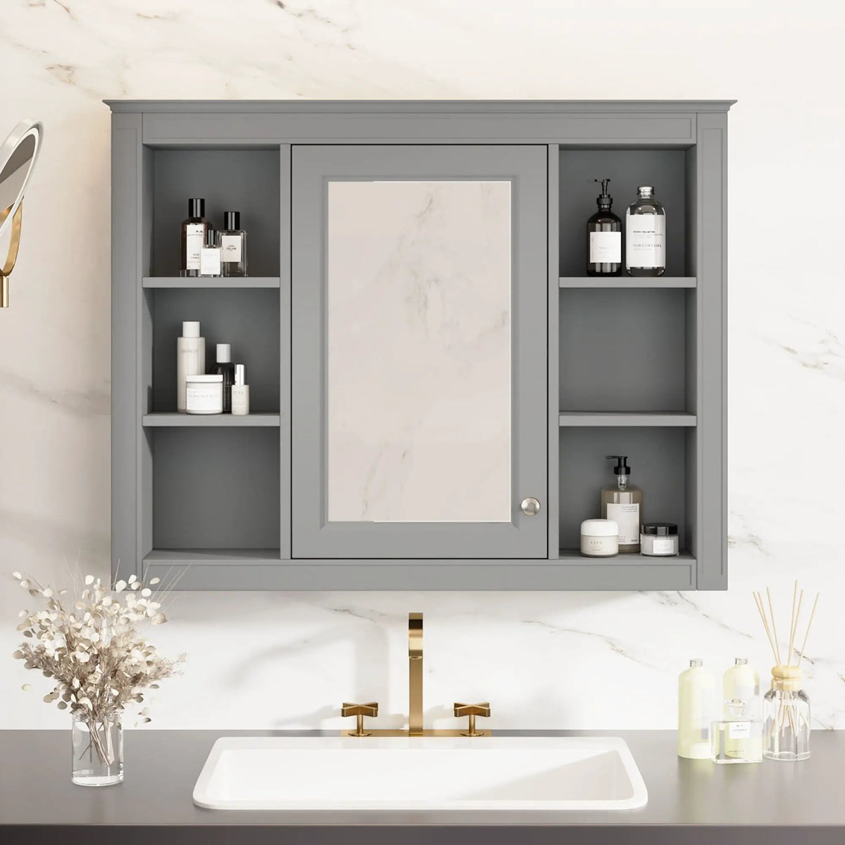 Wall Mounted Medicine Cabinet | Adjustable Interior | 6 Open Shelves