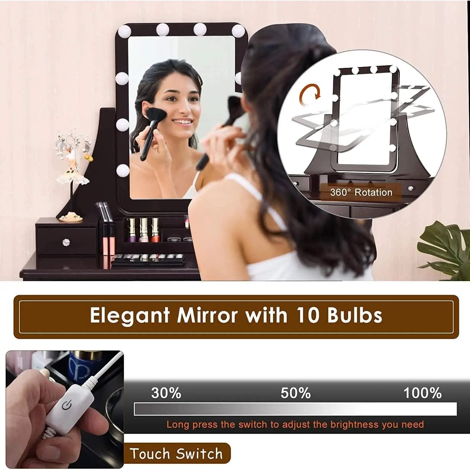 Brown Vanity Table Set With 10 LED Lights For Bedroom from PriceLows™