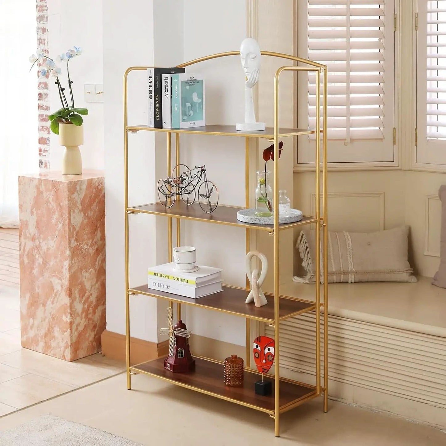 No Assembly Foldable Bookshelf 4 Tier Gold Bookcase from PriceLows™
