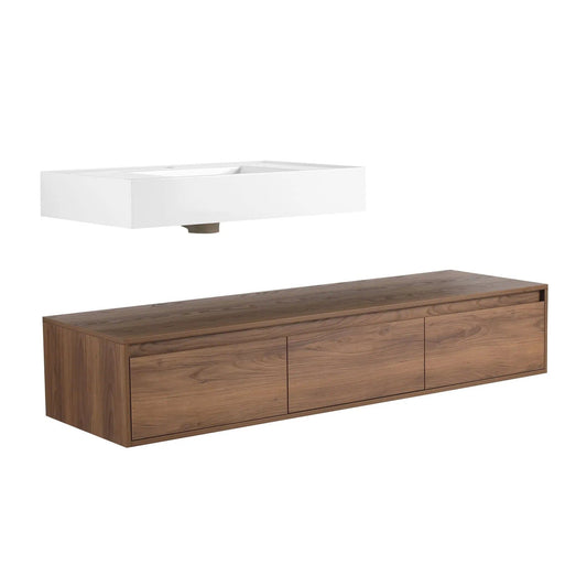 Modern Wall Mounted Bathroom Vanity With Resin Sink And Side Cabinet Brown Ebony | 58.7 x 18.1 x 15.8 in | Plywood & Resin | Bathroom
