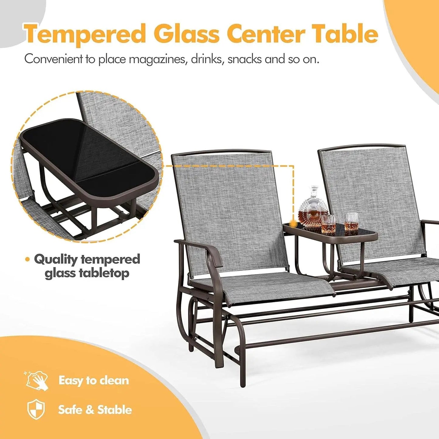 Two-Seat Outdoor Glider Bench with Center Table from PriceLows™