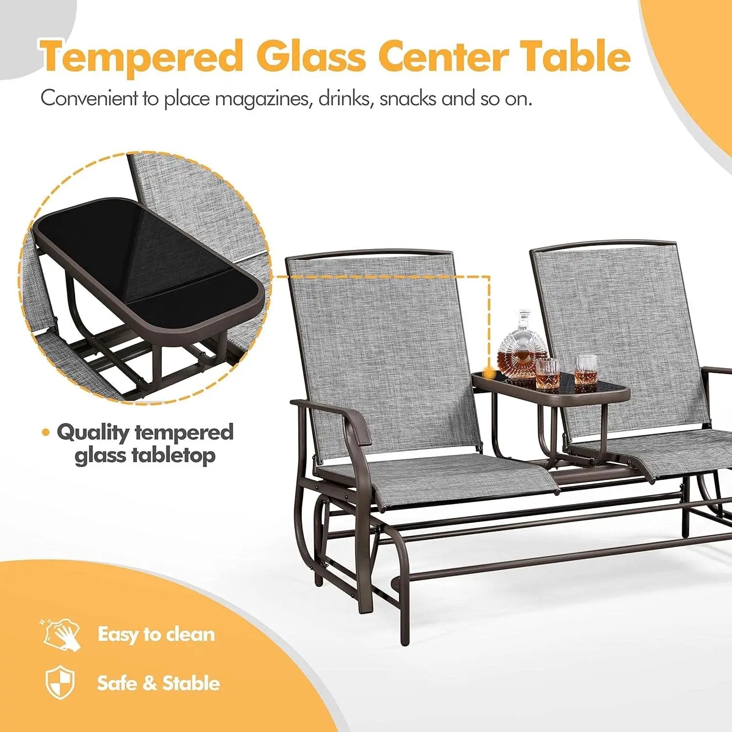 Two-Seat Outdoor Glider Bench with Center Table from PriceLows™