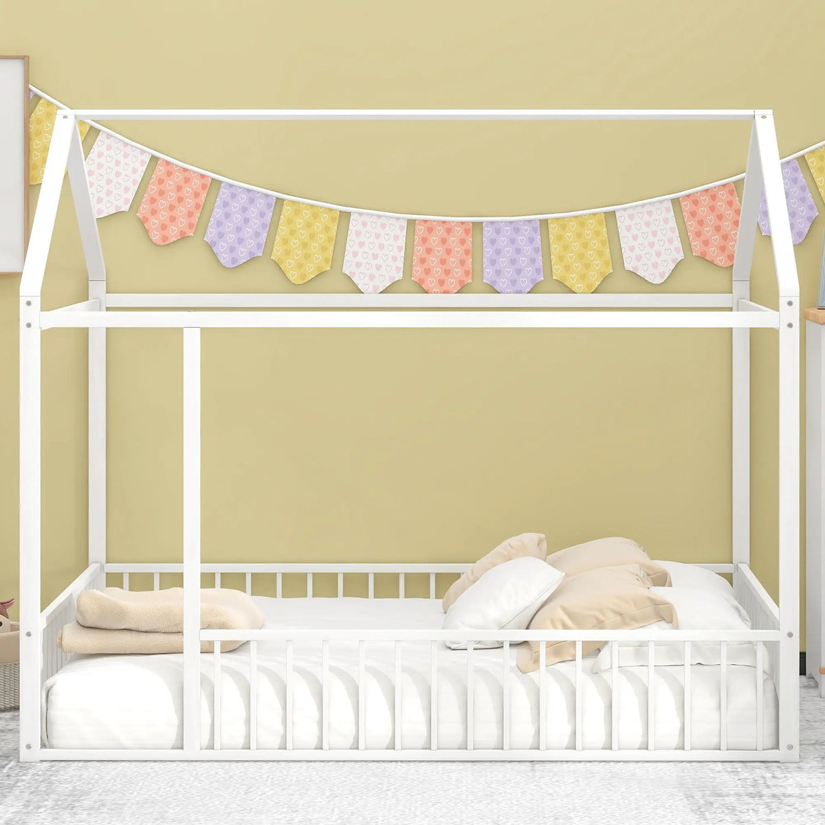 Kids Metal Bed Frame | Roof And Side Fence | Semi Enclosed Space | Three Colors