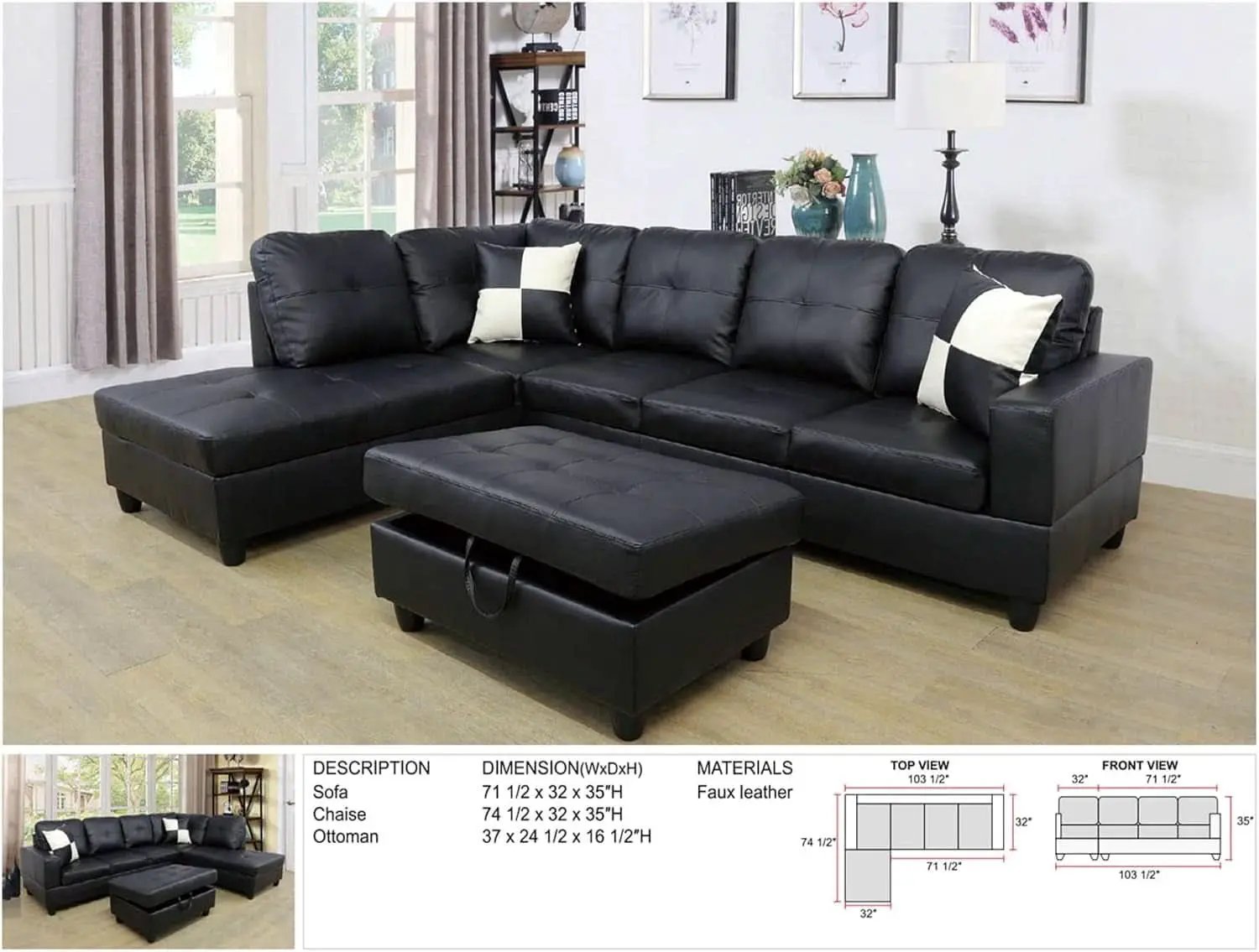 Faux Leather L Shaped Sectional Sofa Black 103 Inch Wide With Ottoman from PriceLows™