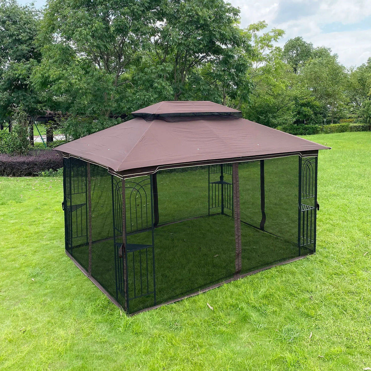 Outdoor Patio Gazebo | 13x10ft Double Roof | Mesh Screens | Brown