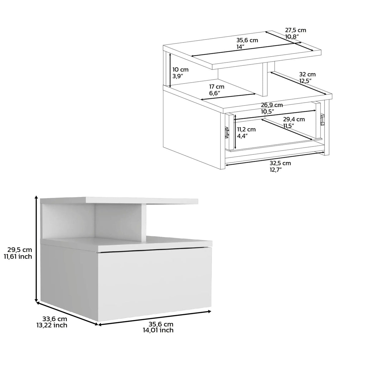 Floating Nightstand Wall Mounted | Single Drawer | Two Tier Shelf | White
