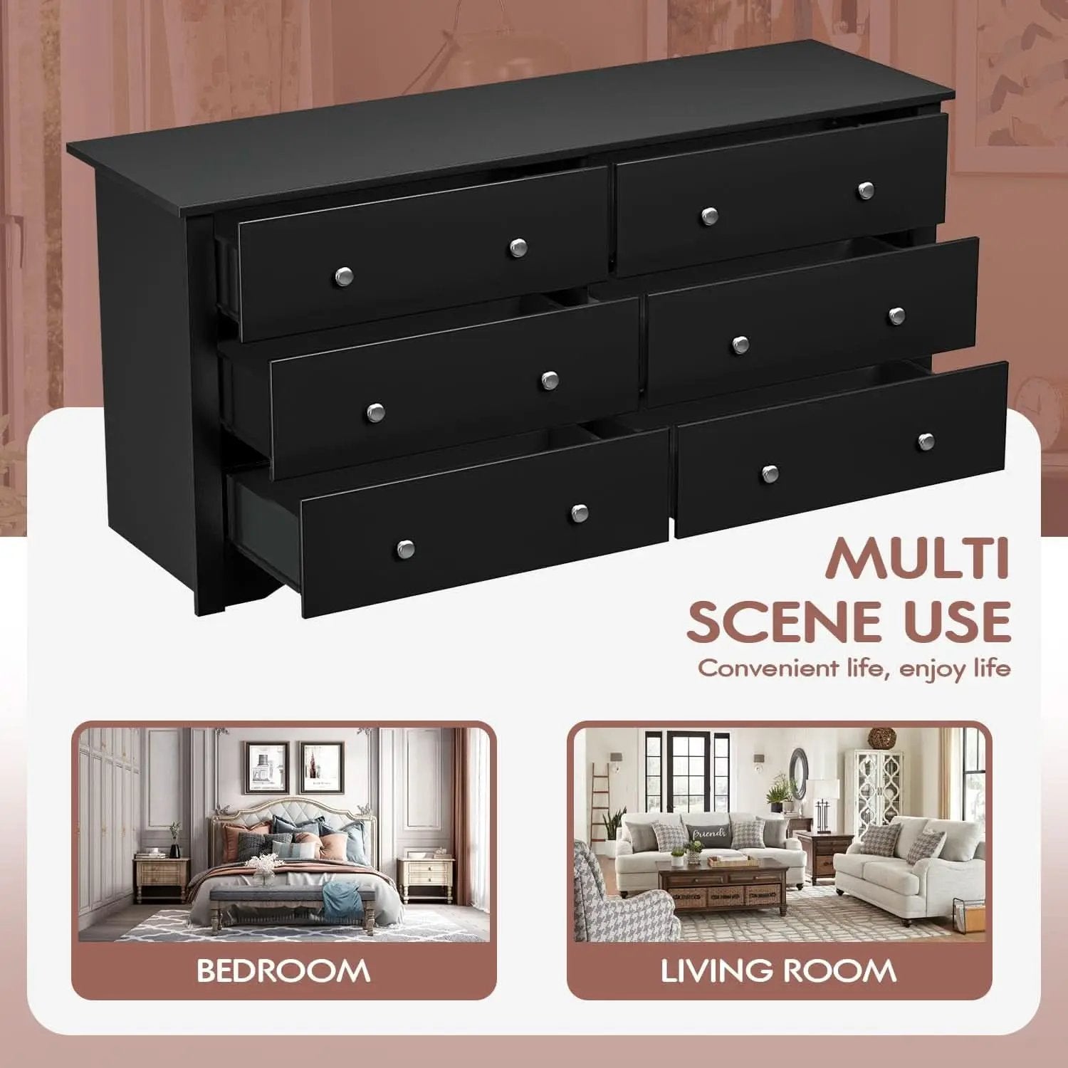 Solid Wood Black Dresser With Six Drawers Contemporary from PriceLows™