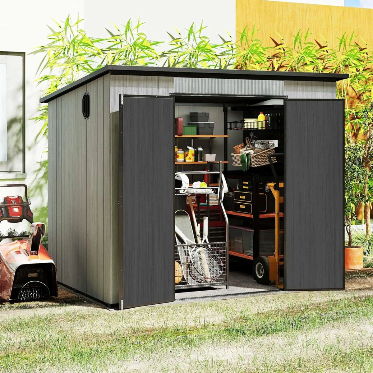 Outdoor Resin Storage Shed With Lockable Double Doors And Sloping Roof | Metal | Outdoor Living Use | Outdoor Living