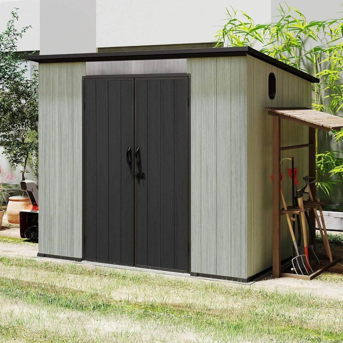 Outdoor Resin Storage Shed With Lockable Double Doors And Sloping Roof | Metal | Outdoor Living Use | Outdoor Living