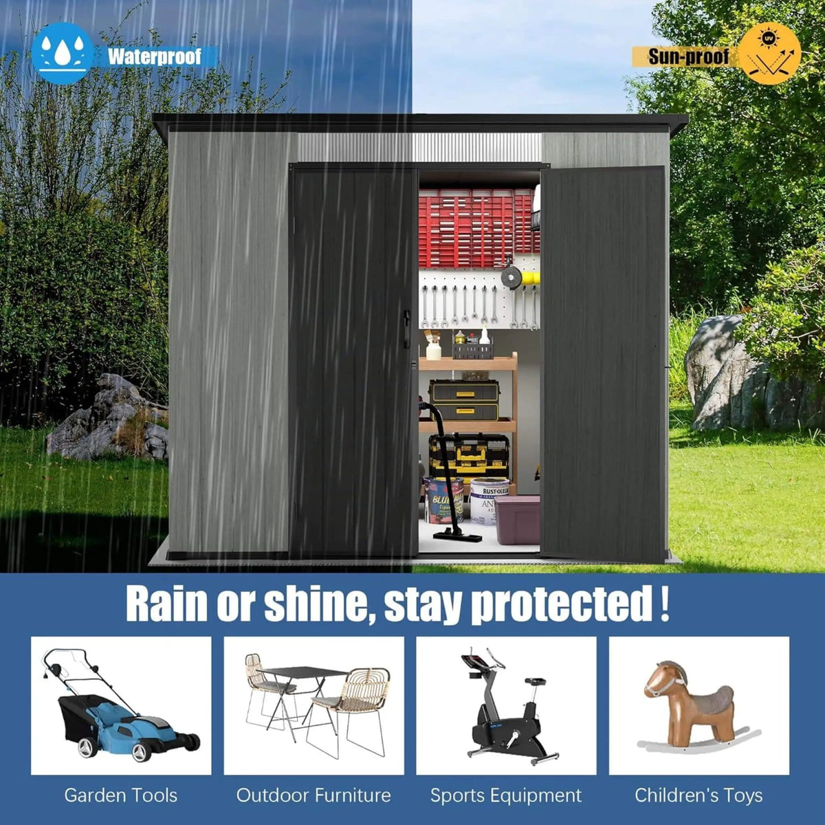 Outdoor Resin Storage Shed With Lockable Double Doors And Sloping Roof | Metal | Outdoor Living Use | Outdoor Living