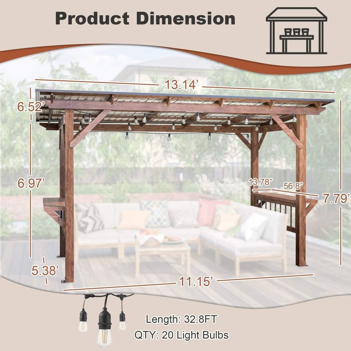 Hardtop BBQ Grill Gazebo | Durable Outdoor Shelter | Built-In Shelves | 157.68 Inch Length