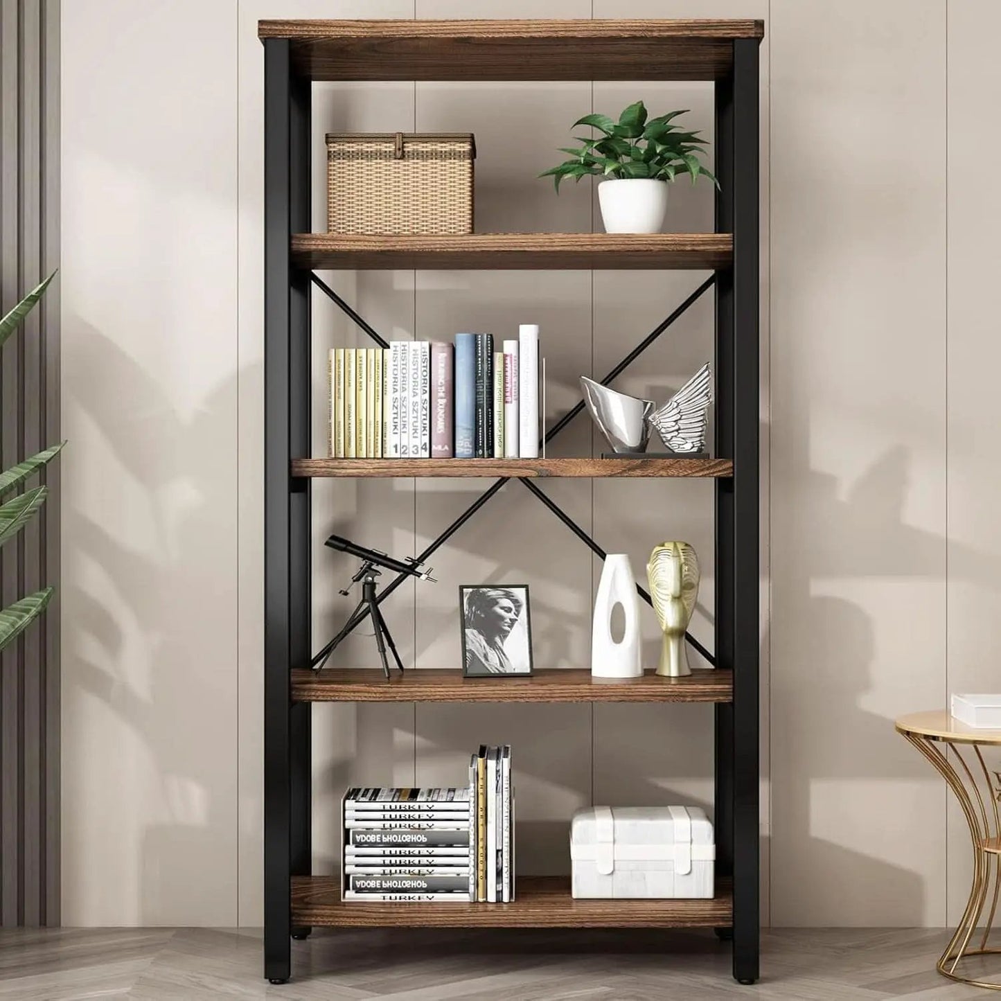 5 Tier Industrial Solid Wood Bookcase With Metal Frame from PriceLows™