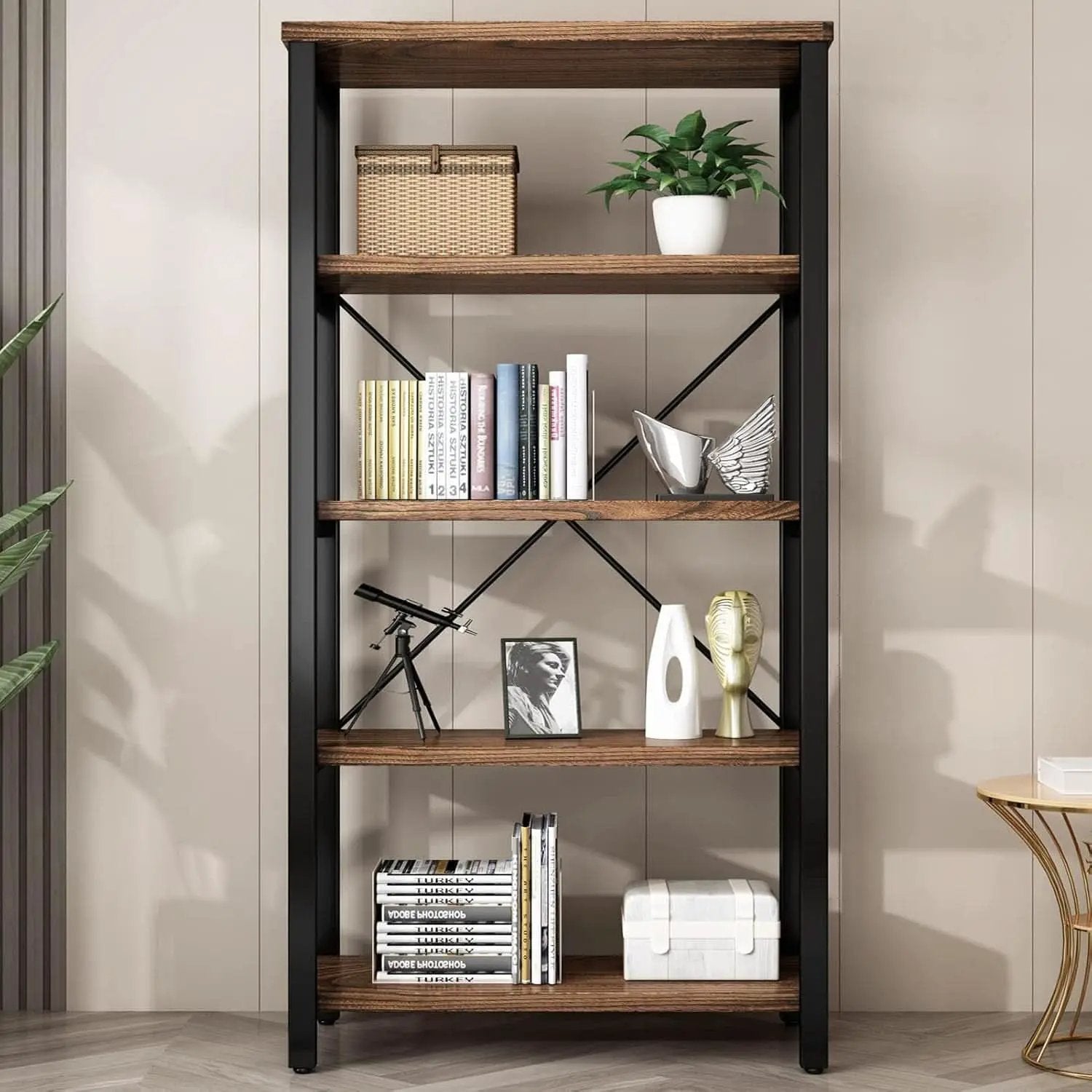 5 Tier Industrial Solid Wood Bookcase With Metal Frame from PriceLows™