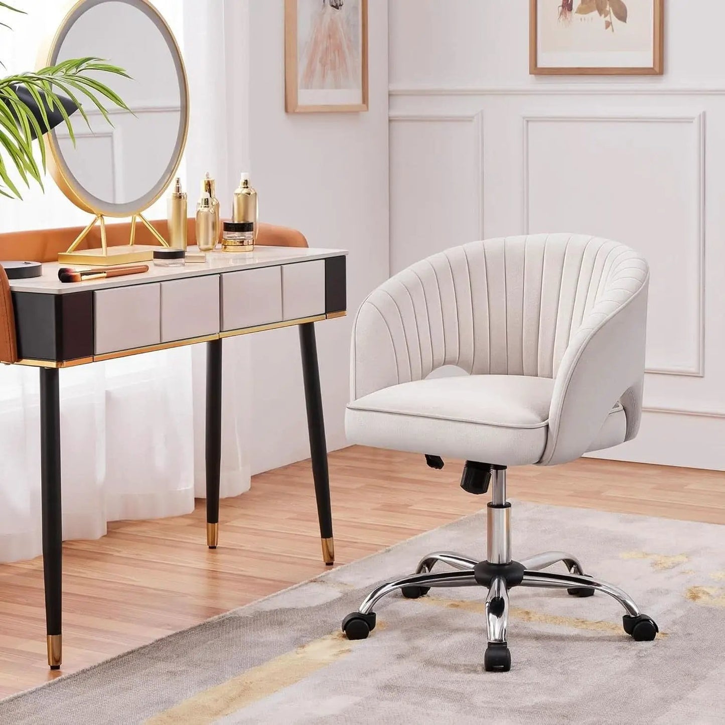Cream Velvet Swivel Desk Chair With Wheels Tufted Back from PriceLows™