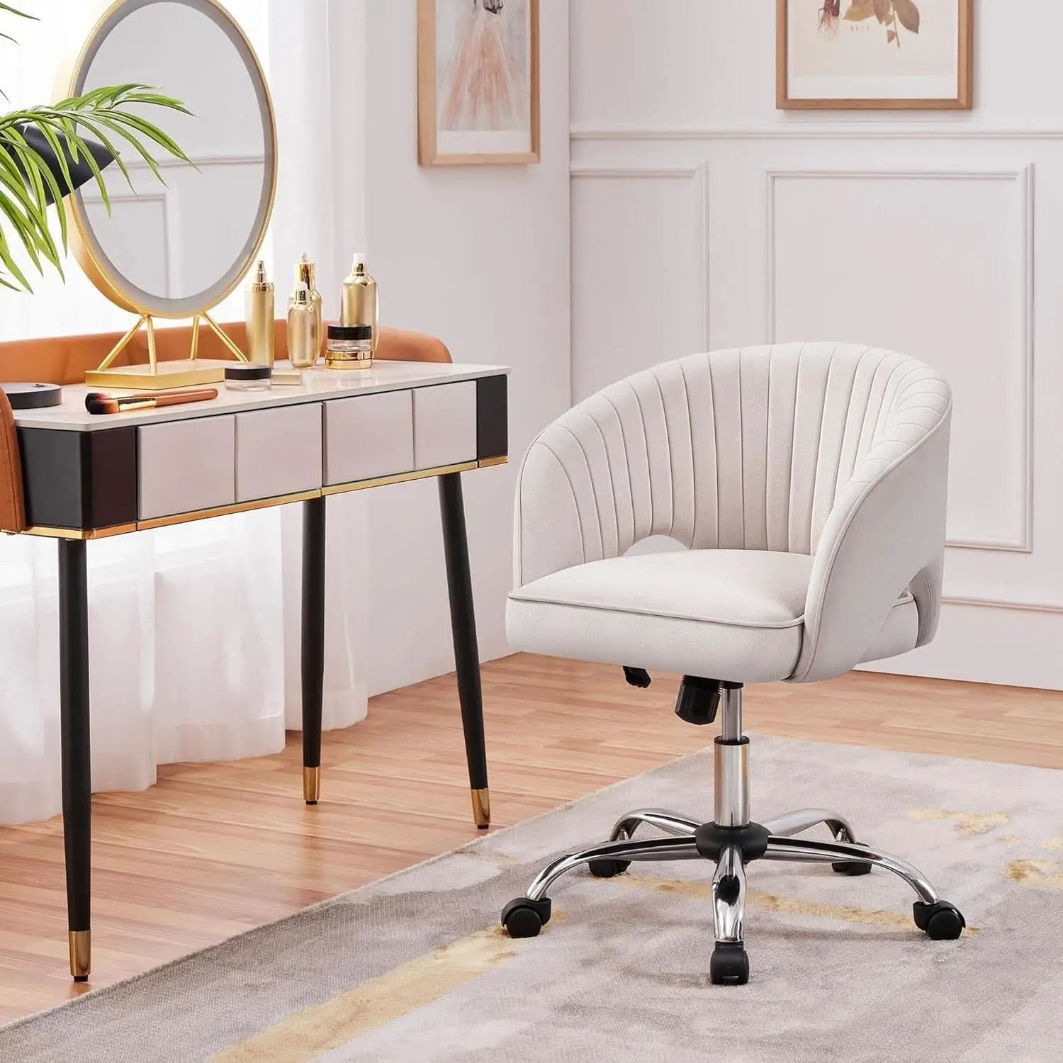 Cream Velvet Swivel Desk Chair With Wheels Tufted Back from PriceLows™