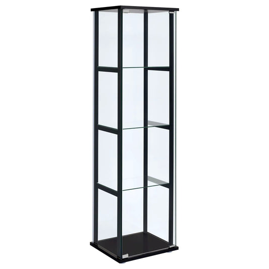 Cyclamen 4-shelf Clear Glass Curio Display Cabinet | 16.75 x 14.25 x 63.75 in | Tempered Glass & Veneer | Black