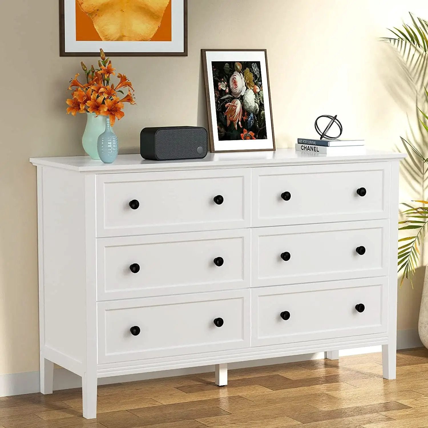 Modern White 6-Drawer Dresser With Metal Handles Bedroom from PriceLows™