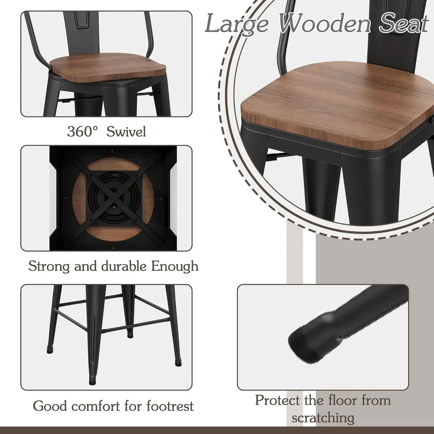 26 Inch Swivel Bar Stools Set Of 4 With Large Wooden Seat Matte Black High Back Design from PriceLows™