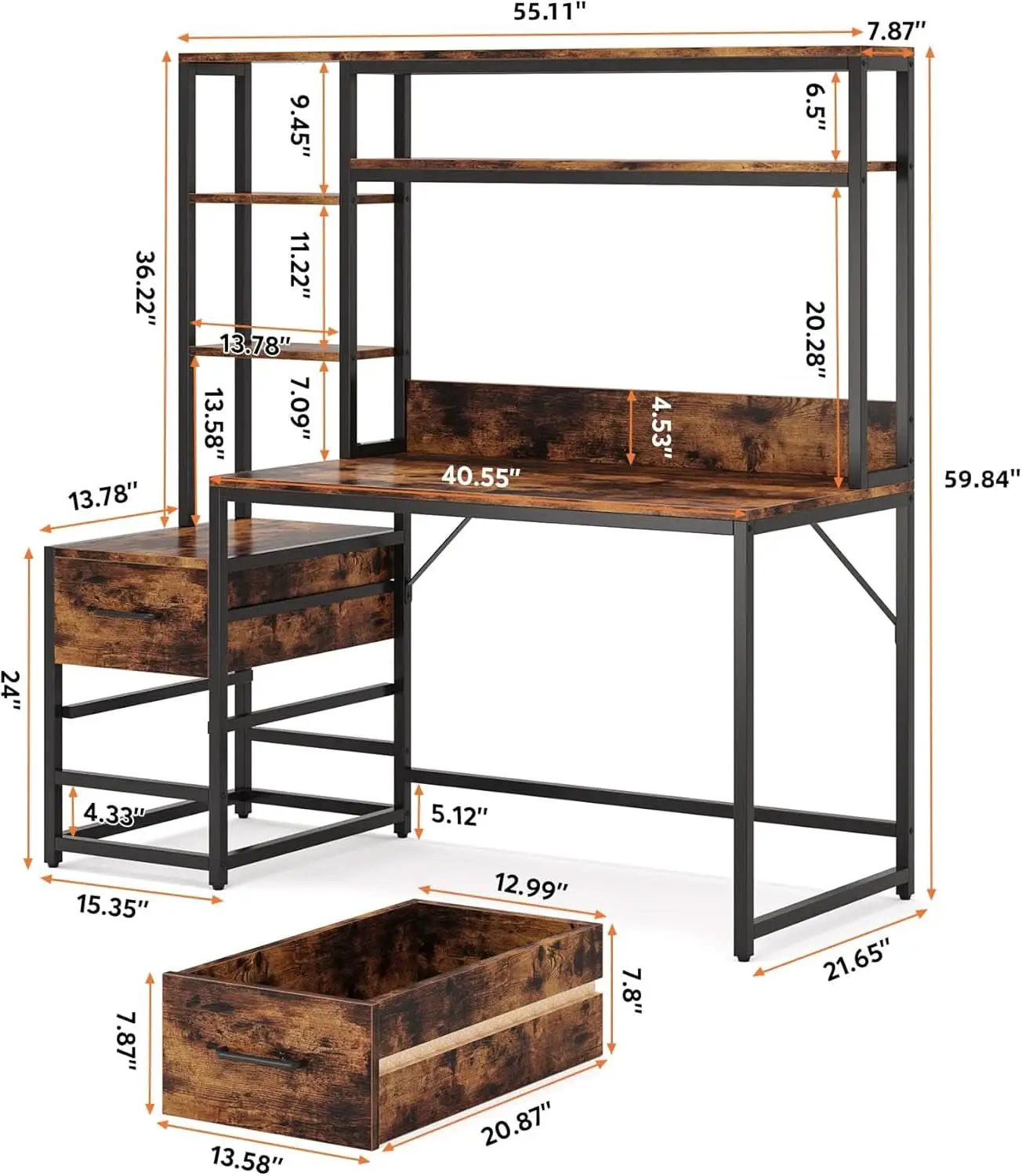 55 Inch Rustic Brown Computer Desk With Drawers And Shelves from PriceLows™