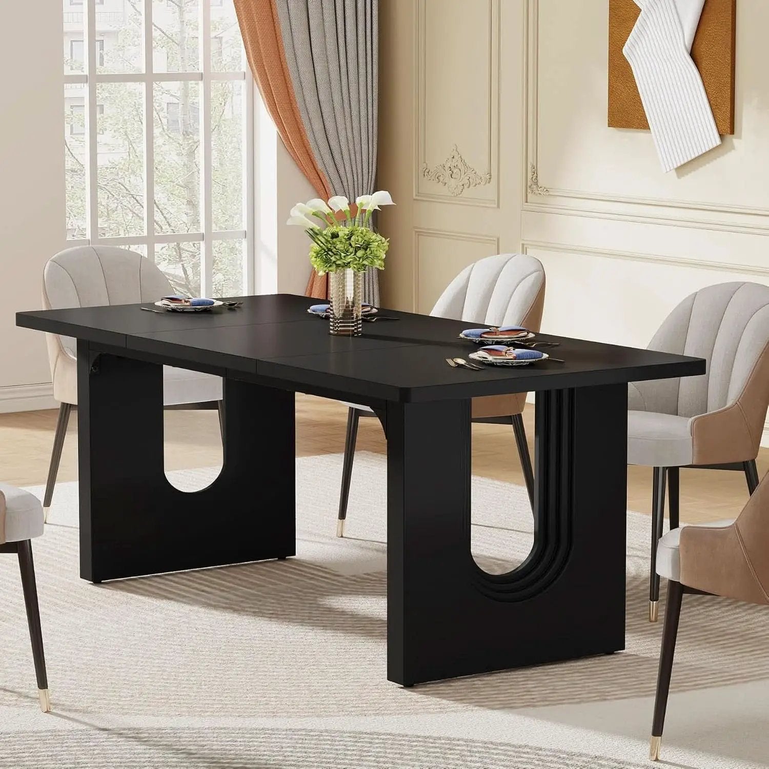 Black 71 Inch Dining Table For Six With Wood Pedestal from PriceLows™