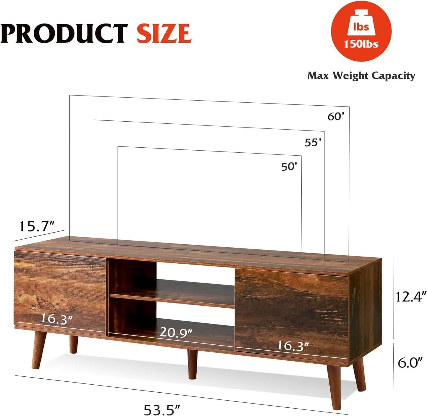 Mid Century TV Stand 55 to 60 Inch Retro Brown Finish from PriceLows™