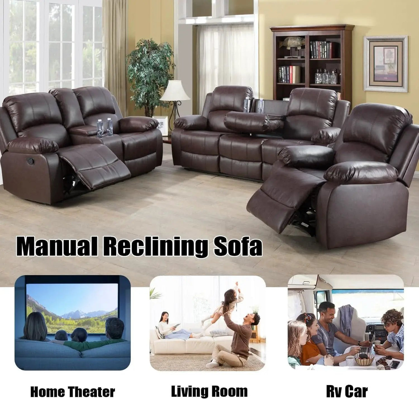 Brown Faux Leather Reclining Living Room Set Sofa Loveseat Chair from PriceLows™