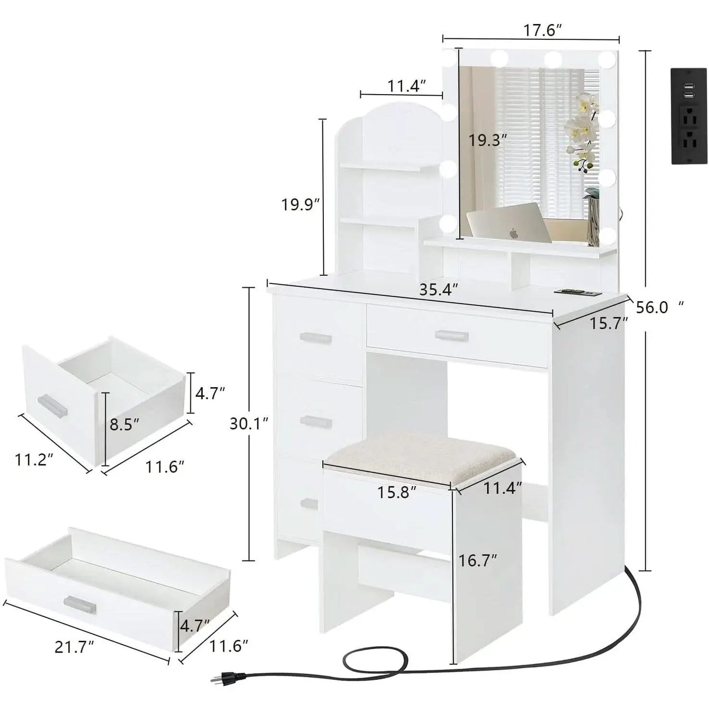 White Vanity Desk With Lighted Mirror And Charging Station from PriceLows™