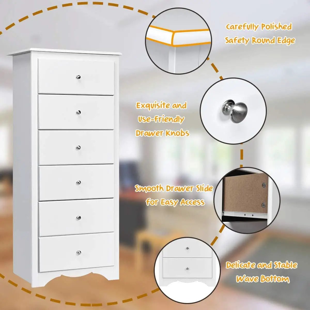 White Wooden 6 Drawer Dresser Chest For Bedroom Storage from PriceLows™