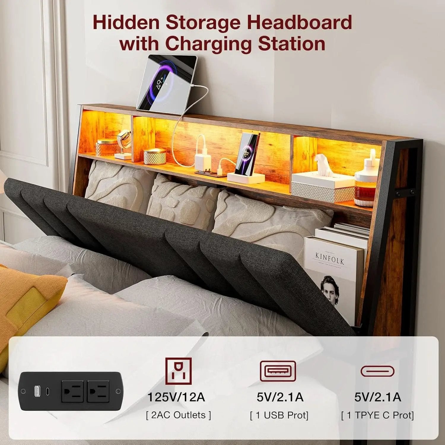 Ergonomic Queen Size Headboard with LED Lights Storage from PriceLows™