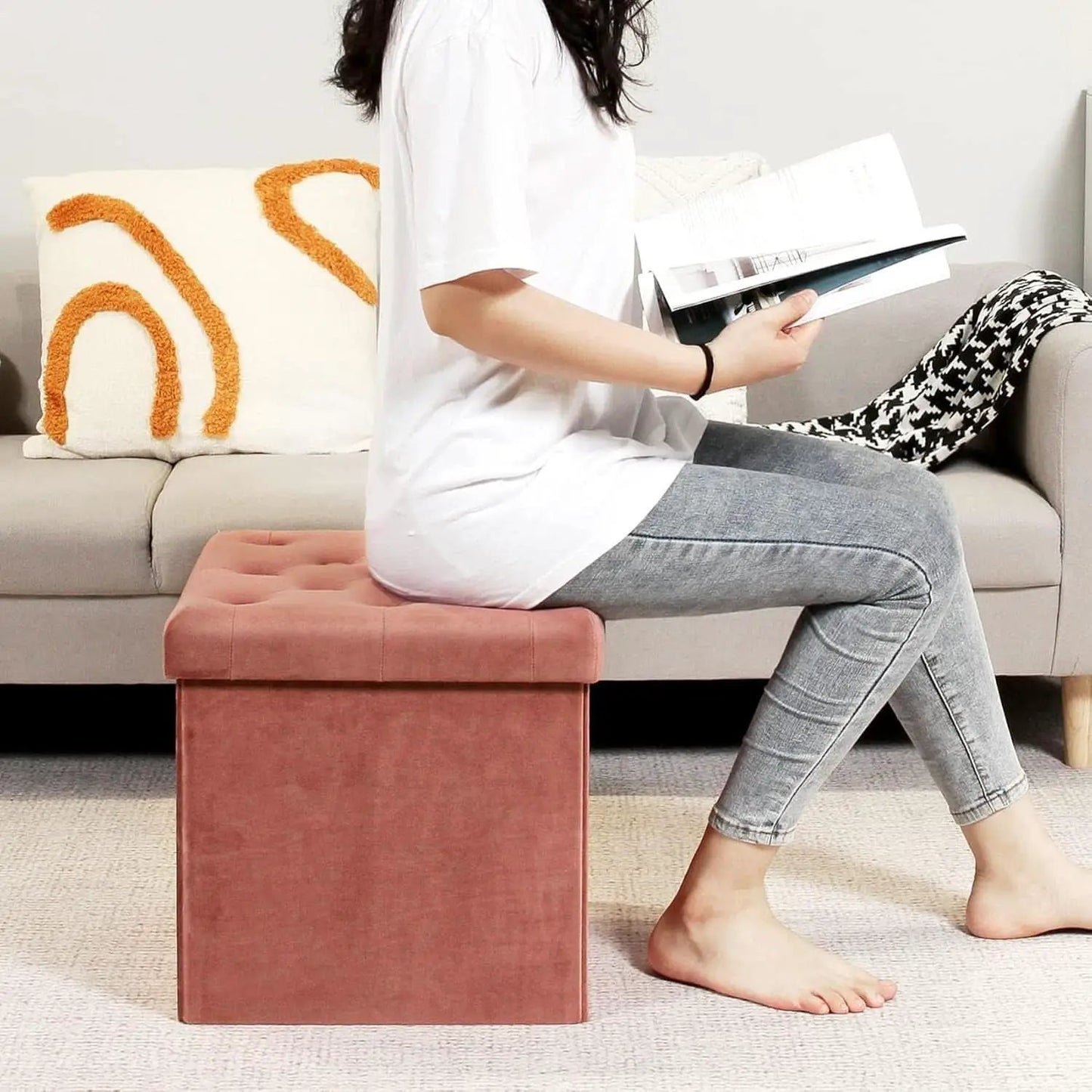 Warm Red Velvet Tufted Upholstered Storage Ottoman from PriceLows™