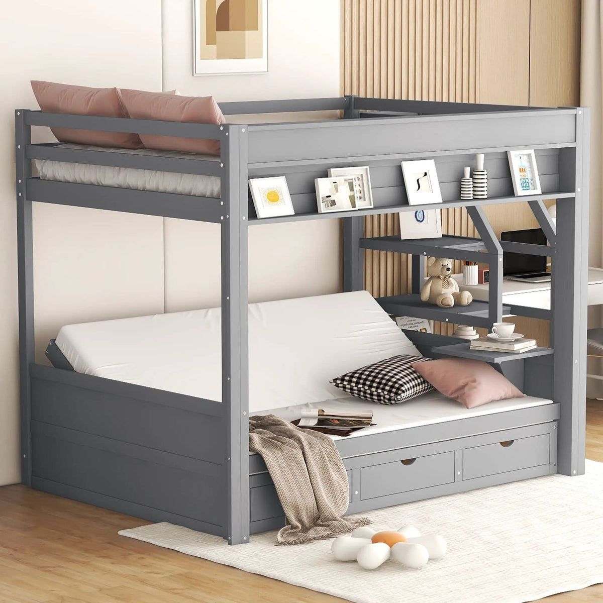 Wood Full Size Convertible Bunk Bed With Storage Staircase, Bedside Table, And 3 | 96.5 x 59.8 x 62.1 in | Pine Wood & Mdf | Gray