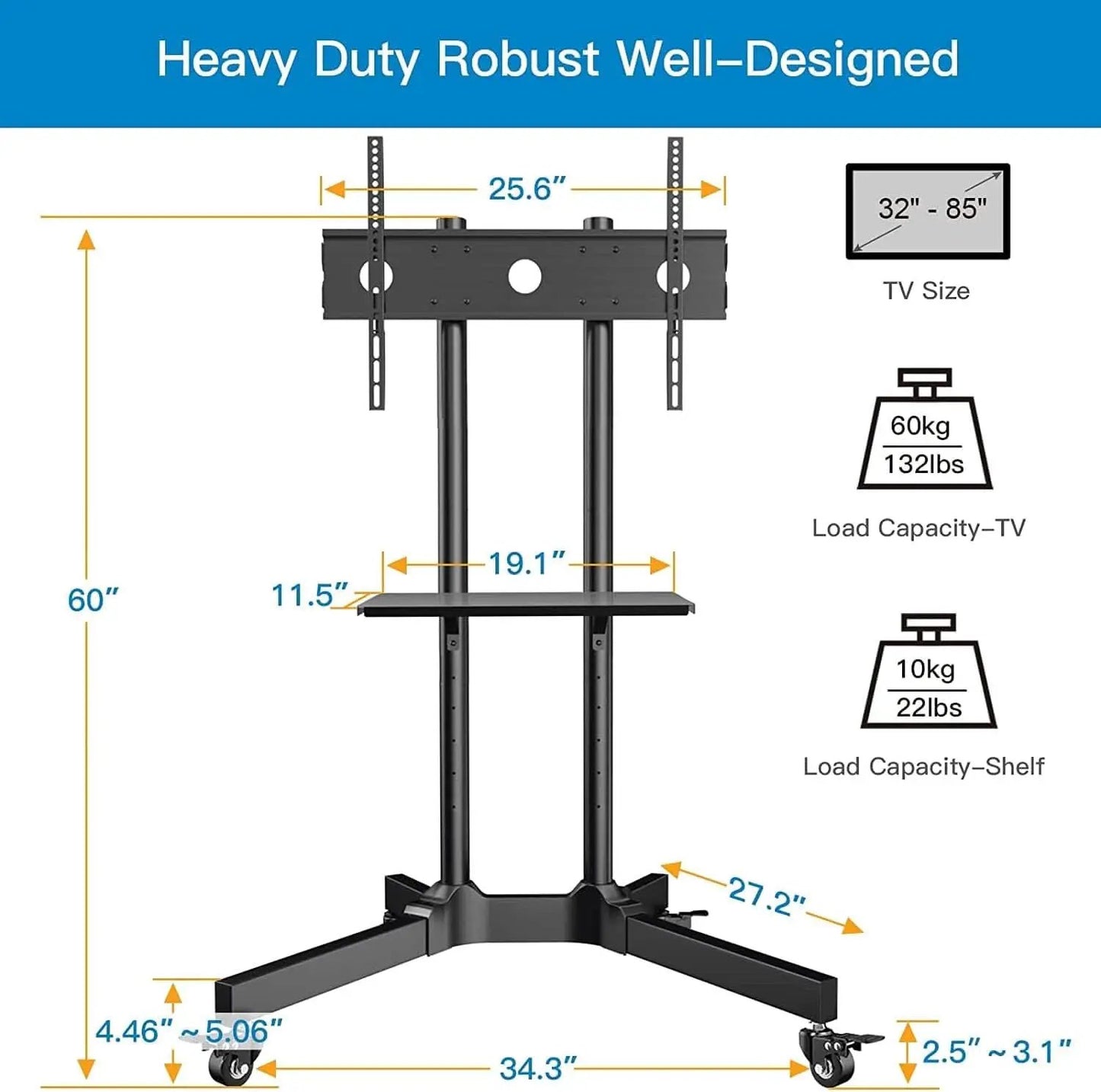 Rolling TV Stand For 32 To 85 Inch TVs Height Adjustable from PriceLows™