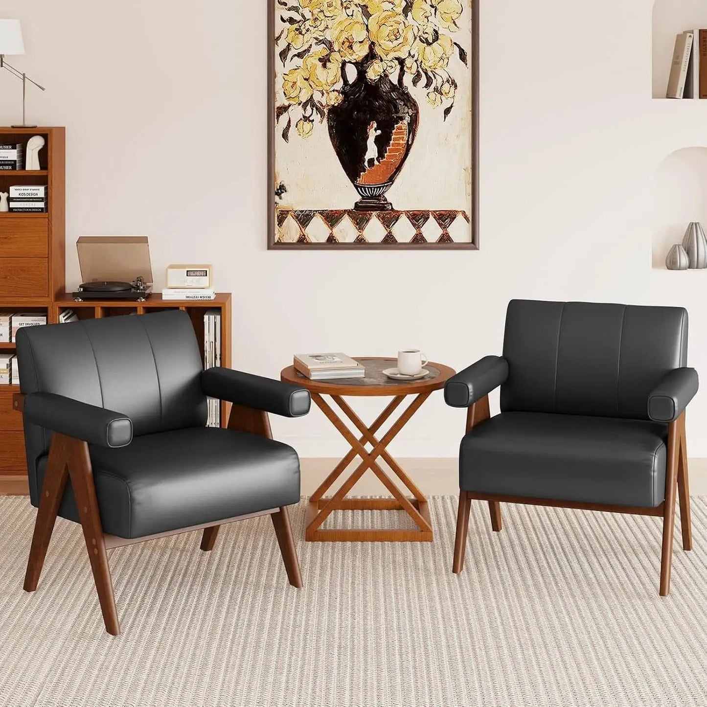 Mid Century Black Leather Upholstered Armchairs Pair from PriceLows™