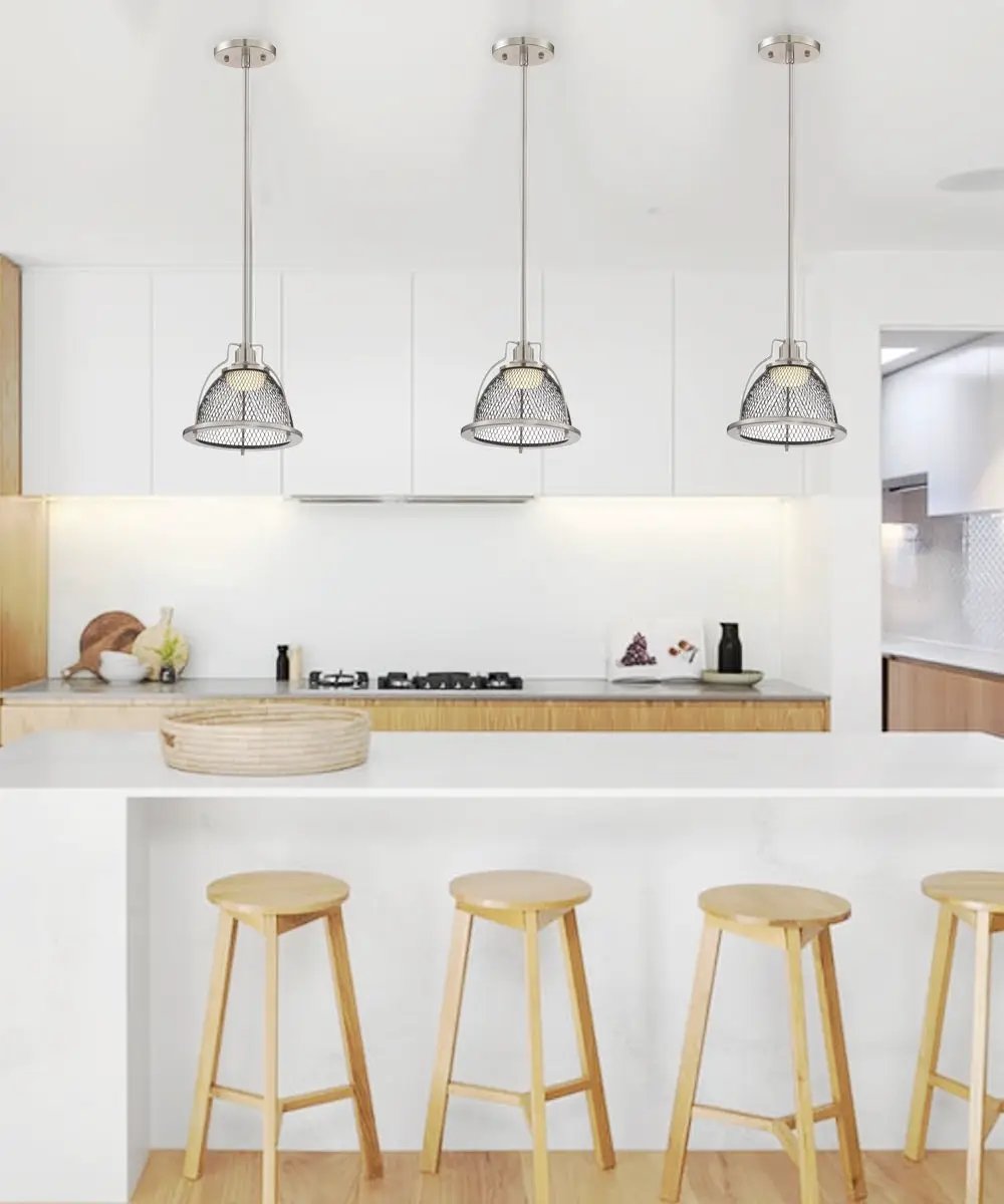 LED Pendant Light | 8 Inch Wide | Single Bulb | Brushed Nickel Black Mesh