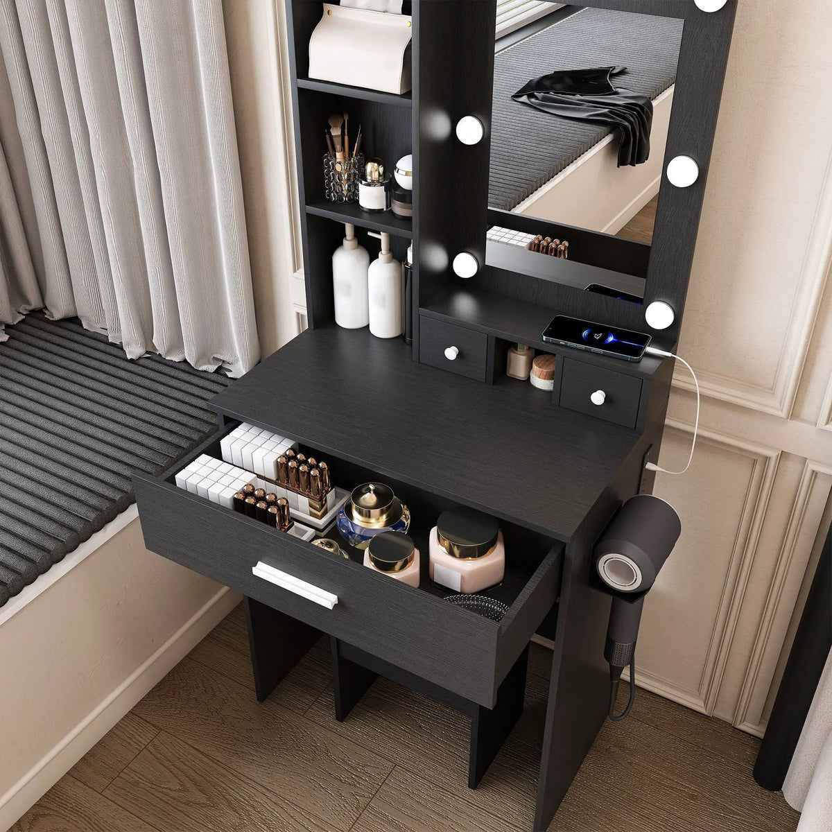Vanity Table | LED Mirror | Power Outlet | Includes Stool