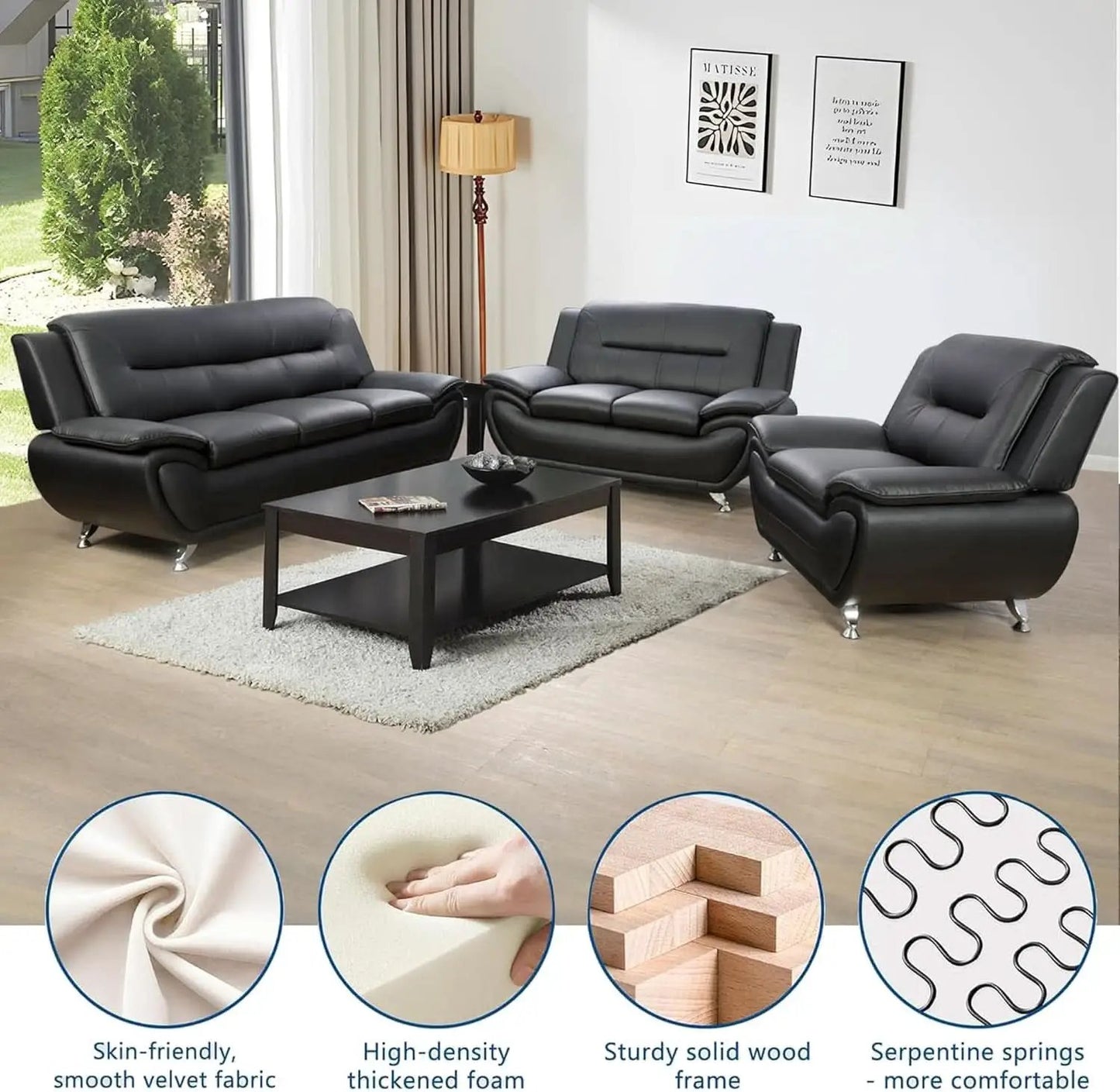 3 Piece Black Sofa Set Modern Living Room Couch Set Sofa Loveseat Chair For Home Decor from PriceLows™